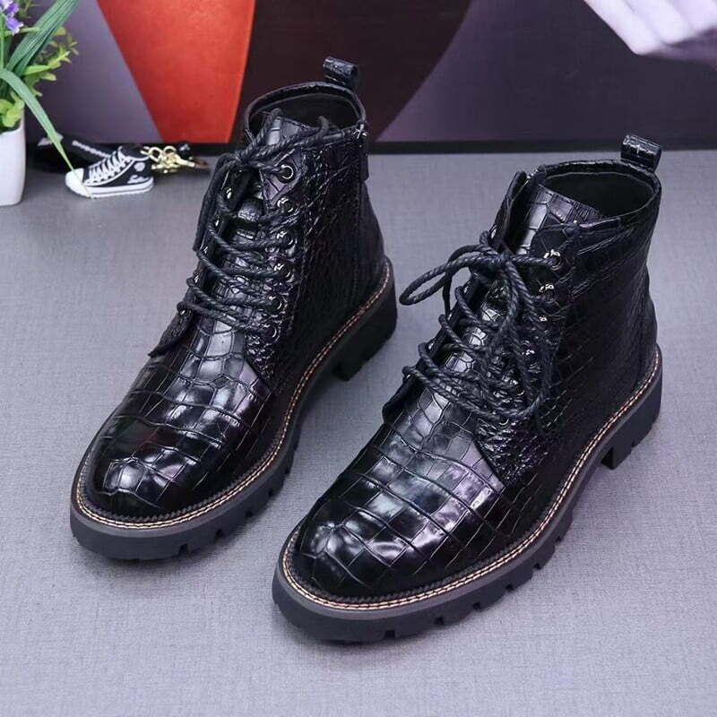 Handmade Men black Crocodile leather formal shoes,Men alligator skin shoes  Boots