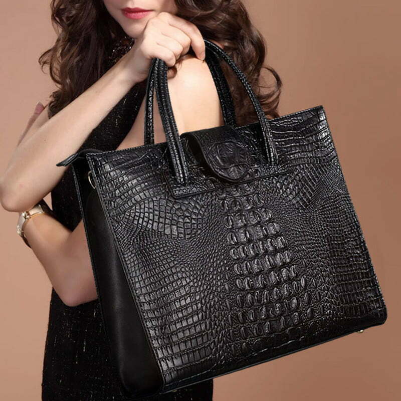 Women Retro Crocodile Pattern Leather Handbag Fashion Tote Handle